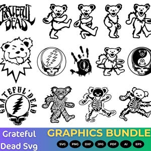 May include: A collection of black and white Grateful Dead graphics, including dancing bears, skull designs, and the band's logo. The image also includes the text "Grateful Dead Graphics Bundle" and file type icons.