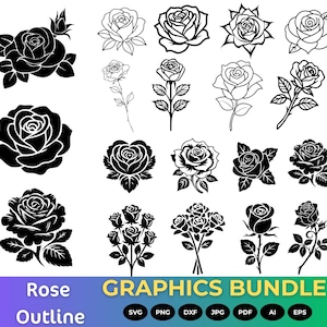 Ensemble SVG contour rose, clipart floral minimaliste, dessin au trait botanique (téléchargement numérique)