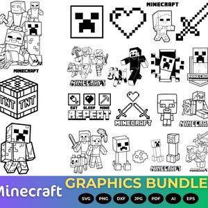 May include: A collection of black and white Minecraft-themed graphics. The images include characters, pixelated hearts, swords, and TNT blocks. The text "Minecraft" and "GRAPHICS BUNDLE" are also present, along with file type icons.