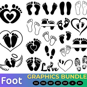 Puede incluir: Una colección de diseños gráficos de pies en blanco y negro. Los diseños incluyen huellas, huellas con corazones, huellas dentro de corazones y huellas con alas. La palabra "Love" también está incluida en el diseño.