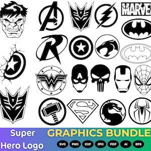 Può includere: Una collezione di loghi di supereroi in bianco e nero, inclusi i simboli degli Avengers "A", Batman, Superman e Spider-Man. L'immagine include anche il testo "Super Hero Logo GRAPHICS BUNDLE" con icone di tipo di file.