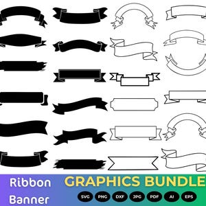 Puede incluir: Una colección de gráficos de cintas en blanco y negro de varias formas. Incluye diseños sólidos y delineados, con las palabras "Ribbon GRAPHICS BUNDLE" y "Banner" en la parte inferior, junto con iconos de tipo de archivo.