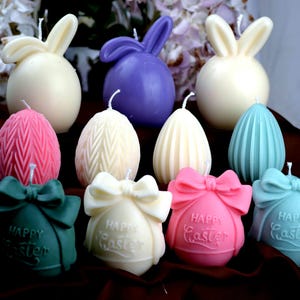 Easter Egg Candles – Custom Color and Scent – Bunny, Bow & Textured Egg Decor – Spring Centerpiece and Gift