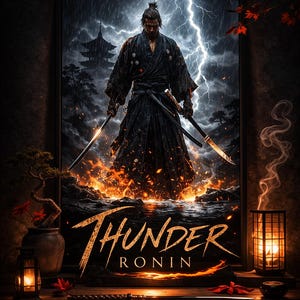 May include: Digital art print featuring a samurai warrior in a black kimono, holding two swords amidst a stormy, fiery landscape. The text "Thunder Ronin" is prominently displayed. The artwork is part of the Shadow Samurai Collection.