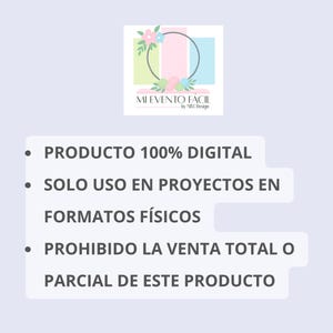 May include: A digital design with the text "MI EVENTO F&Aacute;CIL by M&C Design". The design includes a floral wreath and text stating the product is 100% digital, for use in physical projects only, and resale is prohibited.