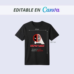 May include: Black t-shirt with a Deadpool-themed design. The graphic features a half-Deadpool, half-ghost image with the text "DEAD-VED" and Spanish text below. The shirt measures 21 cm wide and 29.7 cm long.