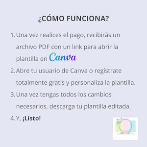 May include: A light purple graphic with the text "&iquest;C&Oacute;MO FUNCIONA?" and numbered steps in Spanish. The steps explain how to use a Canva template. The Canva logo is in the center of the image.