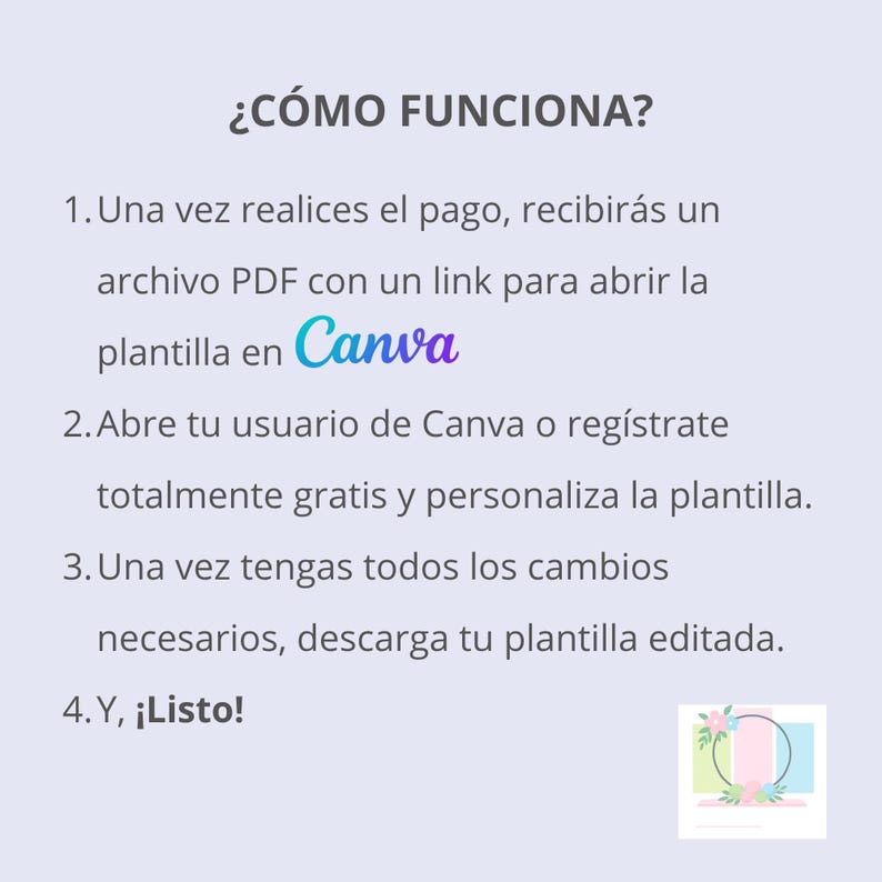 May include: A light purple graphic with the text "&iquest;C&Oacute;MO FUNCIONA?" and numbered steps in Spanish. The steps explain how to use a Canva template. The Canva logo is in the center of the image.