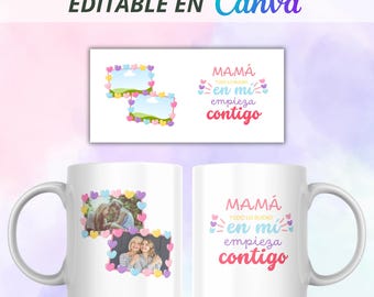 Mother's Day mug template, personalized photo mug design. Editable in Canva for Mother's Day. Digital download.