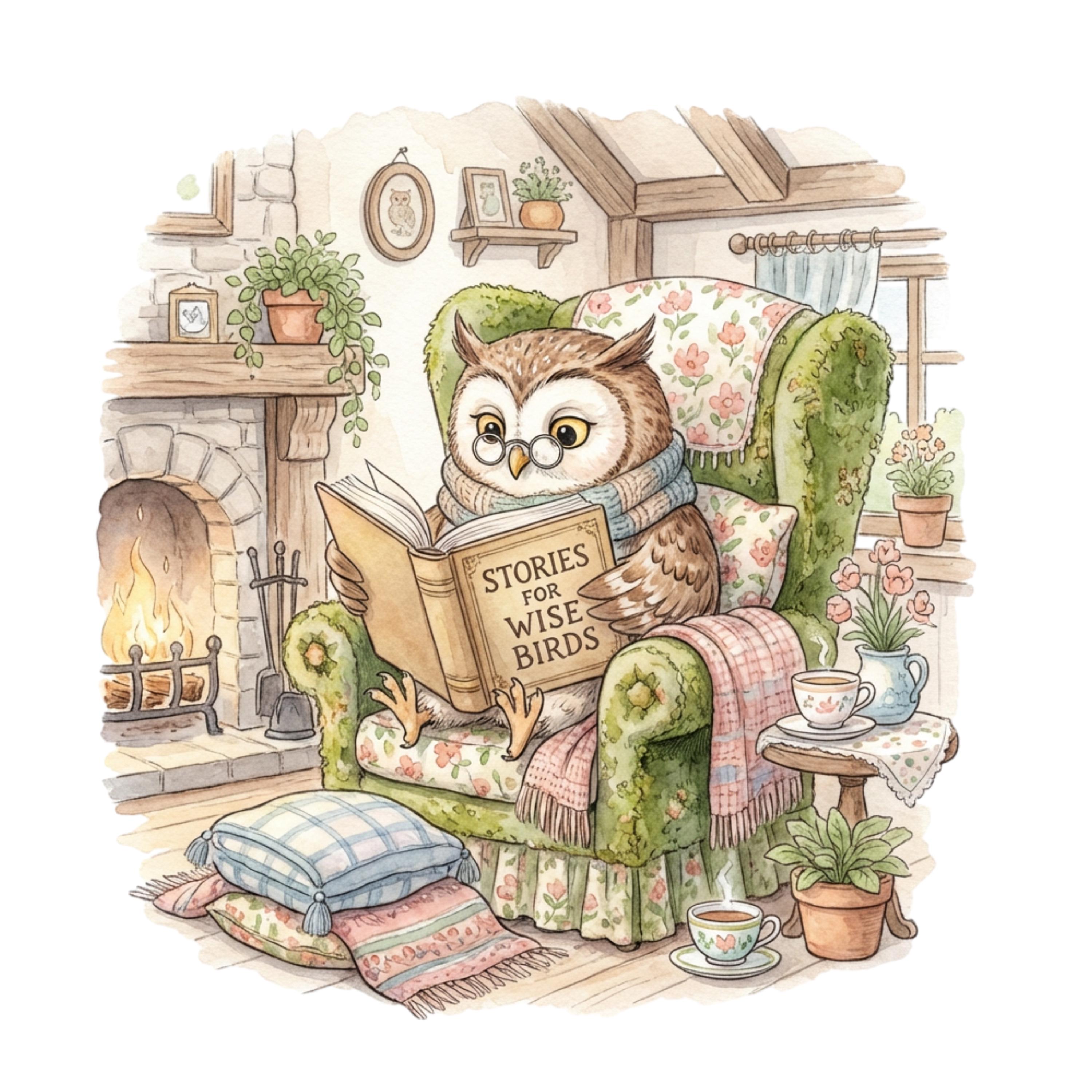 Owl Reading Clipart: Watercolor Cozy Cottagecore Animal (PNG Download)