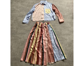 Women's Weekend Max Mara Multi-Color Striped Patchwork Silk-Look Shirt And Pleated Midi Skirt Set Size 6 38