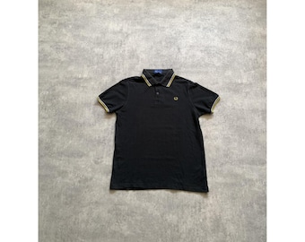 Men's Fred Perry Black Polo Shirt Yellow Tipping Cotton Pique Size L