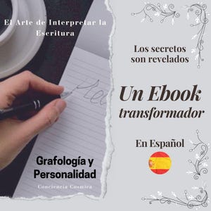 Puede incluir: Imagen promocional de un ebook en español, titulado "Un Ebook transformador". La imagen incluye texto en español, una mano escribiendo en papel y elementos florales decorativos. El tema del ebook es la interpretación de la escritura y la personalidad.