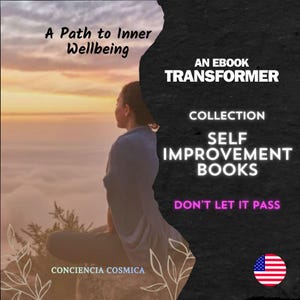 Może przedstawiać: Okładka e-booka z tekstem "A Path to Inner Wellbeing" i "AN EBOOK TRANSFORMER COLLECTION SELF IMPROVEMENT BOOKS DON'T LET IT PASS". Obraz przedstawia osobę medytującą na tle zachodu słońca.