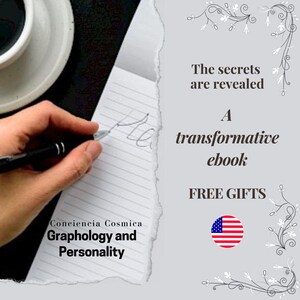 May include: Image promoting a transformative ebook on graphology and personality. The image features a hand writing on a notepad, a cup of coffee, and text that reads "The secrets are revealed" and "FREE GIFTS". An American flag is also included.