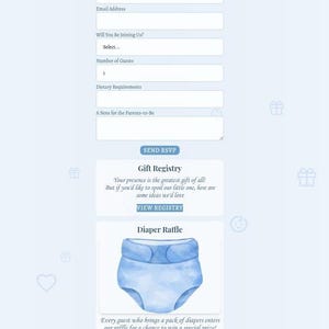 May include: A light blue baby shower invitation with the text "It's a Boy!" and details for the event. The invitation includes a request for baby books instead of cards and a diaper raffle. The event is on June 14th.