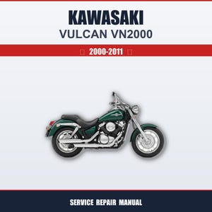 Puede incluir: Una motocicleta Kawasaki Vulcan VN2000 verde con detalles cromados. La imagen incluye el texto "KAWASAKI VULCAN VN2000 2000-2011" en la parte superior y "SERVICE REPAIR MANUAL" en la parte inferior.