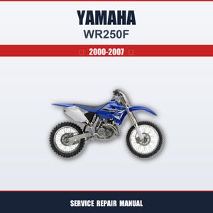 Könnte beinhalten: Ein blau-weißes Yamaha WR250F Motorrad. Das Bild enthält den Text "YAMAHA", "WR250F" und "2000-2007". Der untere Teil des Bildes lautet "SERVICE REPAIR MANUAL".