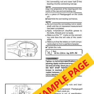 Puede incluir: Diagrama t&eacute;cnico de un manual de reparaci&oacute;n, que muestra componentes del motor e instrucciones. Incluye un diagrama de biela, especificaciones de par y advertencias de seguridad. El texto est&aacute; en ingl&eacute;s.