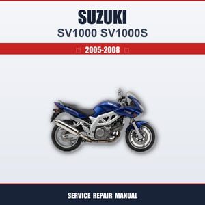 Könnte beinhalten: Ein blaues Suzuki SV1000S Motorrad mit silbernen Akzenten, vor weißem Hintergrund. Das Bild enthält den Text "SUZUKI SV1000 SV1000S 2005-2008" und "SERVICE REPAIR MANUAL".