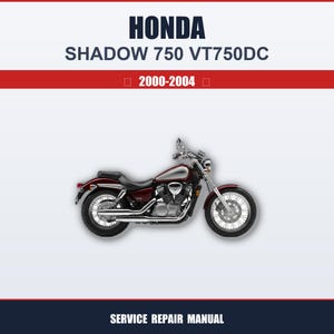 Puede incluir: Una motocicleta Honda Shadow 750 VT750DC, modelos 2000-2004, se muestra sobre un fondo blanco. La moto es principalmente burdeos y plateada con detalles cromados. La imagen incluye el texto "HONDA SHADOW 750 VT750DC" y "SERVICE REPAIR MANUAL."