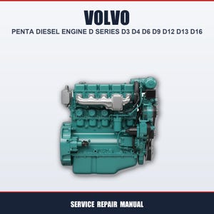 Op de afbeelding: Een teal Volvo Penta dieselmotor, model D-serie, met de tekst "VOLVO" en "PENTA DIESEL ENGINE D SERIES D3 D4 D6 D9 D12 D13 D16" in het wit. De woorden "SERVICE REPAIR MANUAL" staan onderaan.