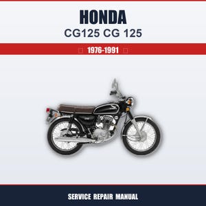 Op de afbeelding: Een zwarte Honda CG125 motorfiets met chromen accenten, een bruin zadel en een ronde koplamp. De afbeelding bevat de tekst "HONDA CG125 CG 125 1976-1991" en "SERVICE REPAIR MANUAL".