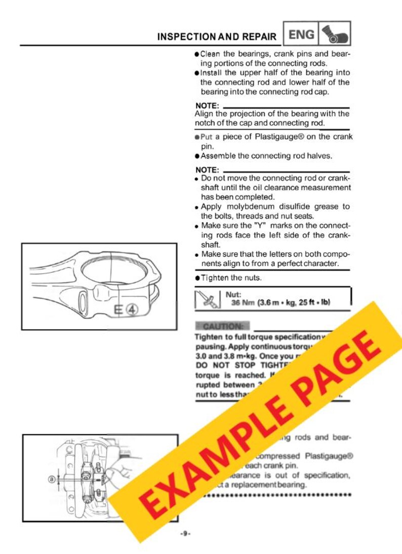 May include: Technical diagram from a repair manual, showing engine components and instructions. Includes a connecting rod diagram, torque specifications, and safety warnings. The text is in English.