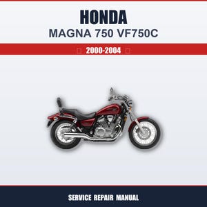 May include: A red Honda Magna 750 VF750C motorcycle, model years 2000-2004, with chrome accents. The image includes the text "HONDA MAGNA 750 VF750C" and "SERVICE REPAIR MANUAL".