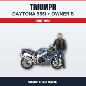 May include: A blue Triumph Daytona 955i motorcycle with a silver exhaust pipe, next to a man in a black leather jacket. The text "Triumph Daytona 955i + Owner's" is displayed above the motorcycle, with the years 2002-2006.