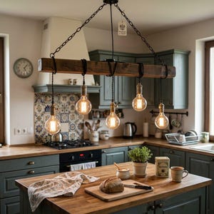 May include: A rustic wooden beam chandelier suspended by black chains, featuring five hanging Edison-style light bulbs with visible filaments. The fixture is made of a dark, weathered timber beam with black electrical cords wrapped around it.