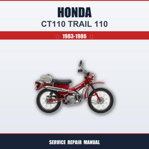 Könnte beinhalten: Ein rotes Honda CT110 Trail 110 Motorrad von 1983-1986. Das Bild zeigt das Motorrad von der Seite, mit einem schwarzen Sitz, silbernem Auspuff und einem weißen Kraftstofftank. Der Text "HONDA CT110 TRAIL 110" steht oben und "SERVICE REPAIR MANUAL" unten.