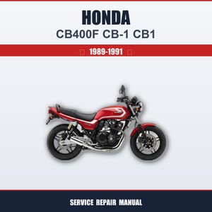 Könnte beinhalten: Ein rotes Honda CB400F Motorrad mit schwarzen Reifen und silbernen Auspuffrohren. Das Bild enthält den Text "HONDA CB400F CB-1 CB1 1989-1991" und "SERVICE REPAIR MANUAL".