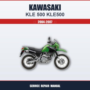 Puede incluir: Una motocicleta Kawasaki KLE 500 verde y negra, modelo KLE500, con los años 2004-2007 mostrados. La imagen está sobre un fondo blanco con detalles en rojo y azul marino. El texto "SERVICE REPAIR MANUAL" está en la parte inferior.