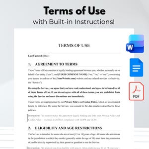 Może przedstawiać: Dokument zatytułowany "Warunki użytkowania" z tekstem "z wbudowanymi instrukcjami!" na białym tle. Dokument zawiera sekcje dotyczące zgody na warunki i kwalifikowalności. Ikony Word, dokumentu i PDF w prawym górnym rogu.