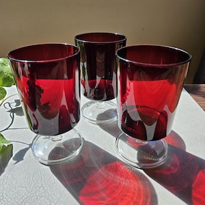 Vintage Luminarc Cavalier Ruby Red Glasses Set of 3 - 1970s French Crimson Stemware - Mid Century Modern Holiday Christmas Barware