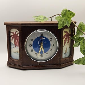 Vintage 1970s Chinese Five Rams Mechanical Airplane Desk Clock, Luminous Glow Hand Animated Aircraft Second Hand, Wood Tropical Palm Tree