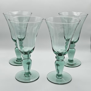 Vintage Mikasa Domain Green Glass Goblets Set Mid Century Style Aqua Wine Trumpet Flared Stemware Retro Barware Colored Glassware