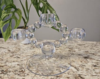 Hughes Cornflower Etched Imperial Candlewick 3-Light Candelabra, Vintage Beaded Bubble Glass Triple Candle Holder