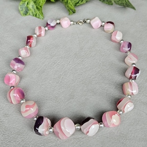 Pink Marbled Glass Bead Necklace Vintage Chunky Pastel Rose Quartz Style Strand Statement Choker Toggle Clasp Costume Jewelry Gift
