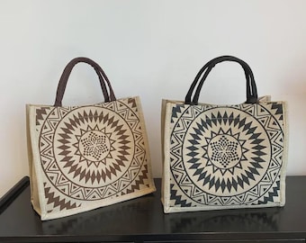 Sac cabas en lin tissé – style ethnique – bloc de couleur – grand format – boucle carrée – sac femme artisanal