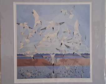 Shards of a Smithereen Blue. Limited addition print of Sandwich Terns diving at Blakeney. Digitally printed from original acrylic painting.