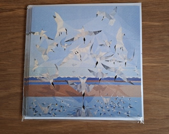 4 Sandwich Terns Art Cards, Blakeney Point Norfolk, Geometric Style.