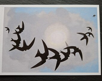All the Young Develings. Blank greetings card depicting a party of juvenile swifts at full throttle.