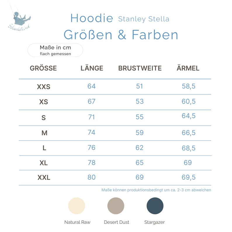 May include: A size chart for a Stanley Stella hoodie, with measurements in centimetres. The chart displays sizes from XXS to XXL, detailing length, chest width, and sleeve length. Available colours are Natural Raw, Desert Dust, and Stargazer.