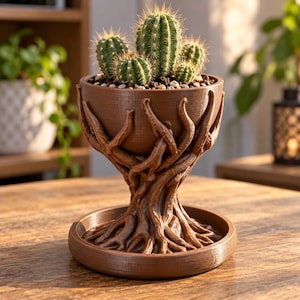 Puede incluir: Una maceta marrón con forma de tronco de árbol con raíces expuestas que forman la base y ramas que sostienen el cuenco. La maceta contiene cinco cactus verdes espinosos plantados en tierra oscura con pequeñas piedras sobre una bandeja circular.