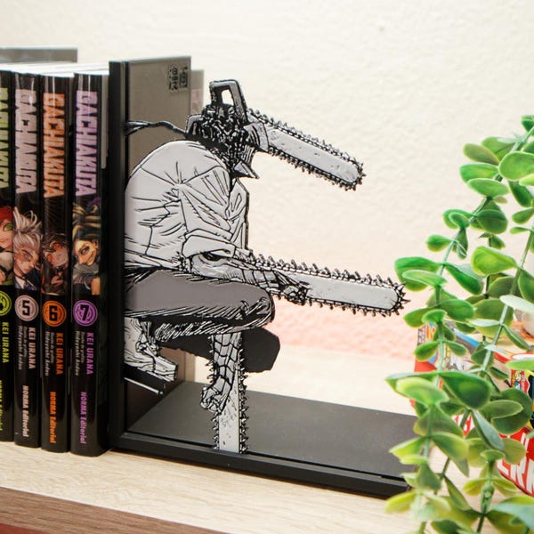 Sujetalibros de anime con forma de demonio de motosierra / Soporte para libros inspirado en el manga / Decoración oscura para estanterías de anime / Idea de regalo para geeks
