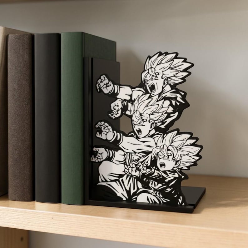 Sujetalibros Anime Power Up / Soporte para libros con escenas de energía manga / Decoración de estantería de acción / Regalo geek para amantes del anime imagen 1