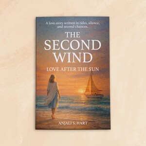 Può includere: Copertina del libro "THE SECOND WIND: LOVE AFTER THE SUN" di ANJALI S. HART. L'immagine mostra una donna su una spiaggia, una barca a vela e un tramonto. Include anche il testo: "A love story written in tides, silence, and second chances."