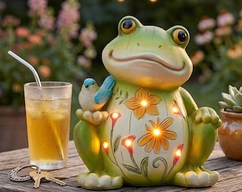 Solar Frog Garden Statue with LED Lights, Waterproof Resin Frog Decor with Bird, Outdoor Lawn Patio Yard Ornament, Cute Animal Garden Gift